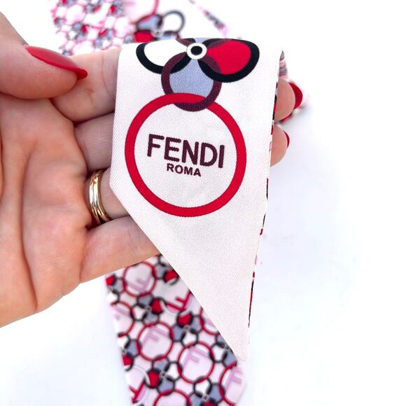 Fendi Roma Silk Twilly Wrappy Scarf Logo Flowerland Pink Red Circle Designer - Picture 2 of 7